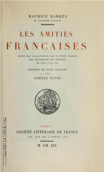 M. Barrs. Les amitis franaises. Ste Littraire Franaise, 1919